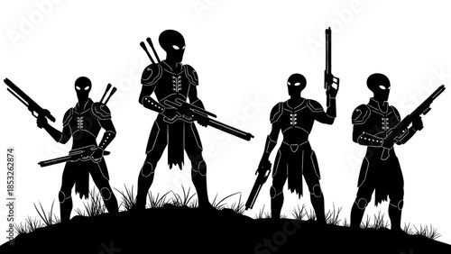 Silhouette of four alien soldiers or futuristic warriors standing on a small hill with weapons