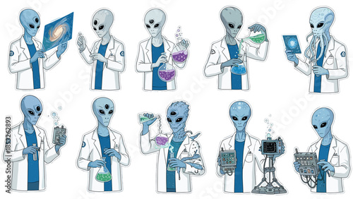 Set of ten cute blue alien scientists in lab coats doing chemistry and astronomy experiments with beakers and tablets