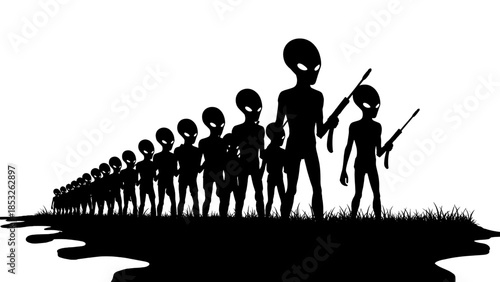 Silhouette of a long line of alien figures holding futuristic weapons standing in grass against a
