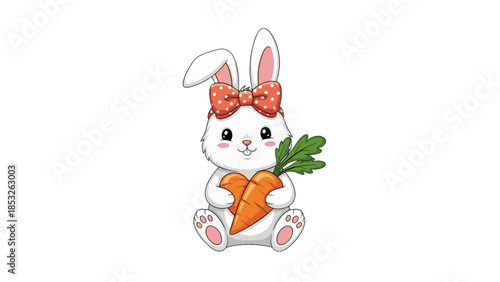 Cute white baby bunny rabbit with a red polka dot bow holding a fresh carrot, cartoon illustration