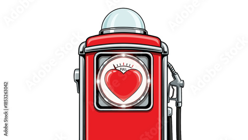 Vintage red gas pump with glowing heart emblem illustration