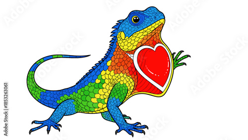 Colorful lizard with a red heart on its chest, cartoon style illustration