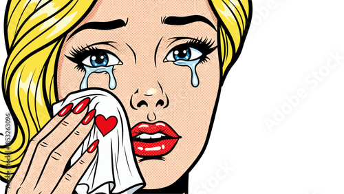 Crying pop art woman wiping tears with handkerchief featuring a red heart symbol, retro comic style