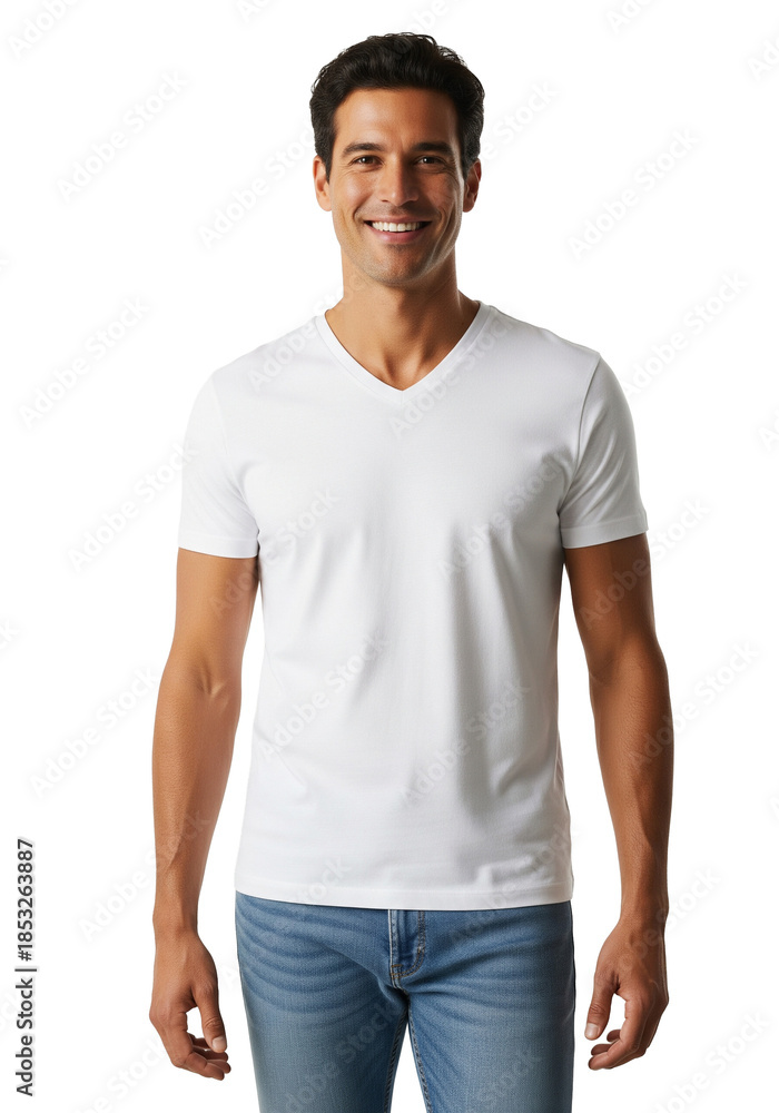 Obraz premium Smiling man wearing a white vneck tshirt and blue jeans isolated on transparent background