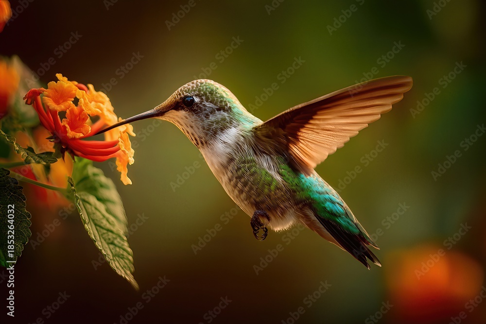 Obraz premium Hummingbird Feeding from Flower in Flight