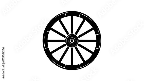 Simple black and white illustration of a vintage wagon wheel on white background