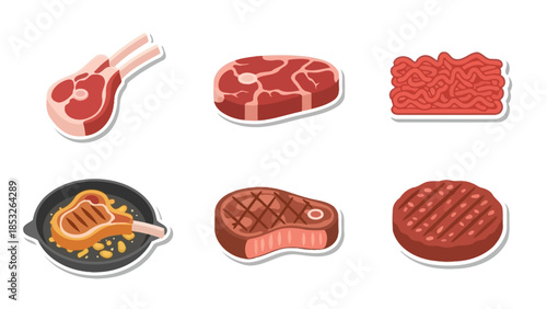 Various cuts of raw meat and cooked steak displayed in colorful illustrations