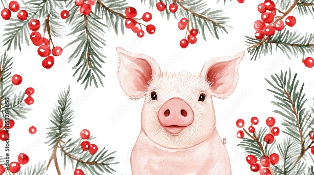 Obraz premium Adorable piglet surrounded by festive berries and fir branches on a white backdrop
