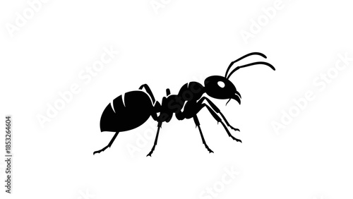 A simple black silhouette of an ant showcasing its distinct body structure