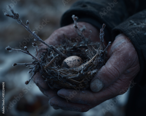 Chapped hands tenderly hold a sleeping, frost-covered bird's nest, containing a single broken eggshell. The soft, overcast morning light and shallow depth of field symbolize irreparable loss and tende