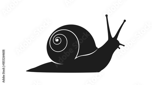 A simple black and white silhouette of a snail crawling slowly