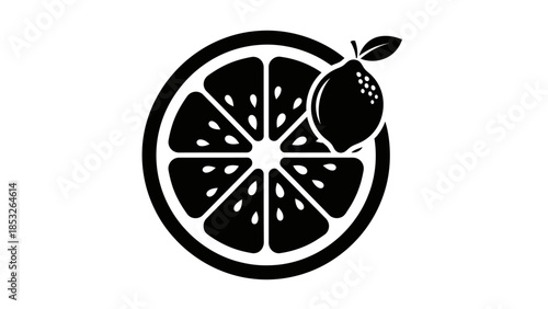 A black and white illustration of a sliced citrus fruit with a leaf