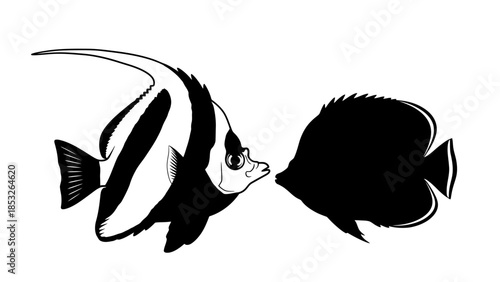 Two black and white fish facing each other in a simple illustration