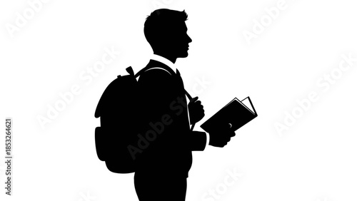 Silhouette of a student with backpack and book walking in profile