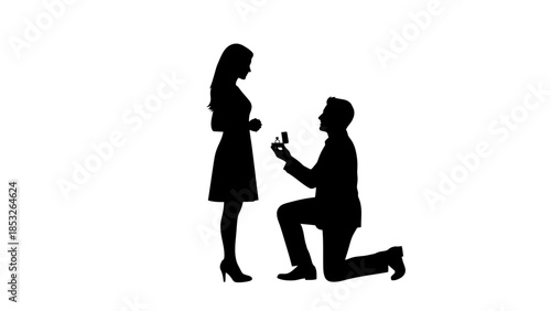 A romantic silhouette of a man proposing to a woman on one knee