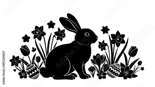 A black silhouette of a rabbit amongst flowers and easter eggs