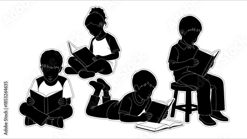 Children engrossed in reading books silhouettes showcasing a love for literature