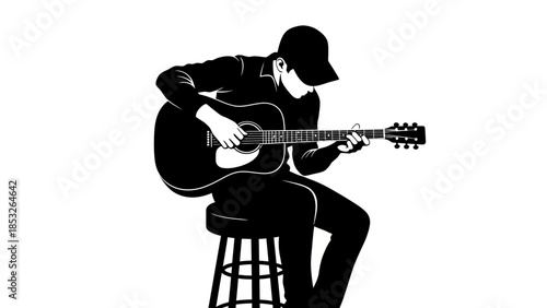 A silhouette of a musician passionately playing an acoustic guitar on a stool