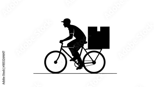 A silhouette of a delivery person riding a bicycle with a package