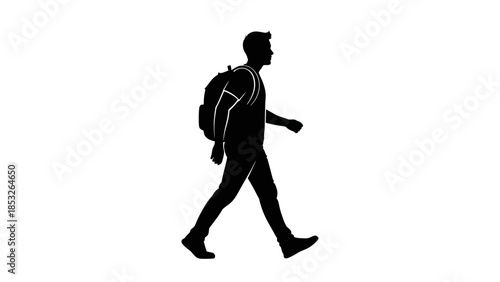 Silhouette of a man walking with a backpack side view illustration