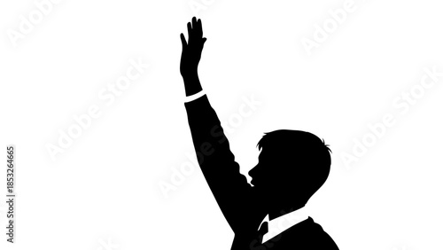 Silhouette of a child with hand raised isolated on a white background