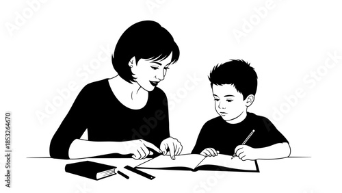 A mother and son are engaged in a learning activity at a table