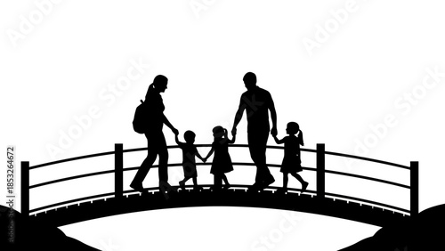 A family silhouette walks across a curved bridge enjoying time together