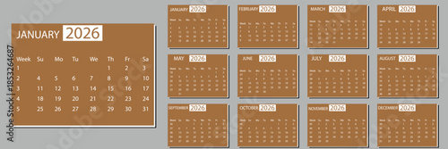 Clean and simple 2026 calendar design. 2026 monthly calendar template for company Daily planner calendar template year 2026 annual calendar simple clean business design Use for New year business print