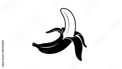 A black and white illustration depicts a partially peeled banana