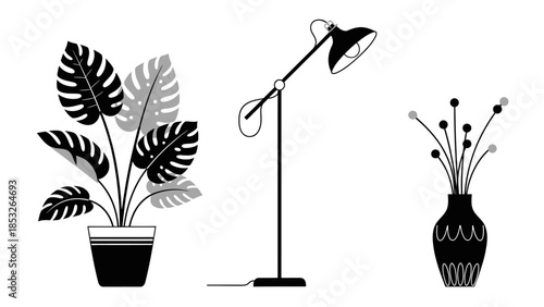 A minimalist illustration featuring a floor lamp potted plants and floral arrangements