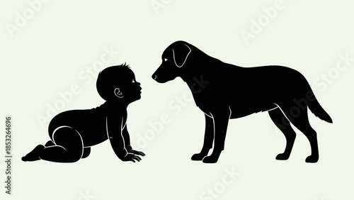 A tender moment baby and labrador facing each other in silhouette
