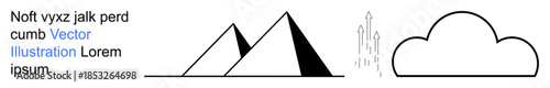 Geometric design, data integration, communication, growth, environment, abstract technology. Black pyramids, arrows cloud outlined in minimal style. Geometric design and data integration concept