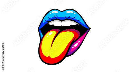 Colorful pop art illustration of open lips with a protruding tongue