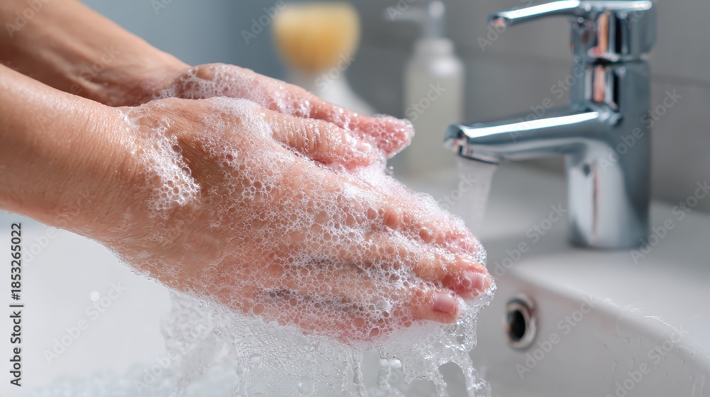 Fototapeta premium Hands being washed thoroughly with soap and water, highlighting hygiene habits that help prevent illness and the spread of germs. 
