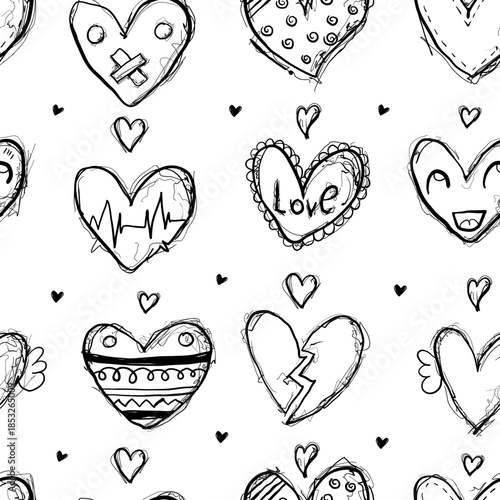 Pattern of heart shapes with various designs including love, broken hearts, and decorative elements on a white background
