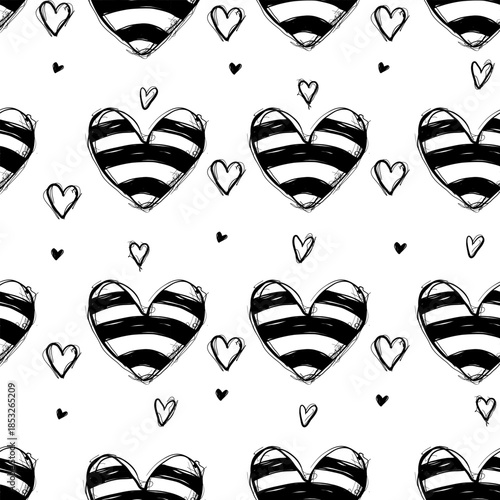 Pattern of hearts with stripes and smaller hearts on a white background for design or decoration purposes