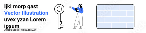 Person gesturing toward a large key, standing near a brick wall. Ideal for solutions, guidance, strategy, security, opportunity, goals problem-solving. Perfect for a simple landing page
