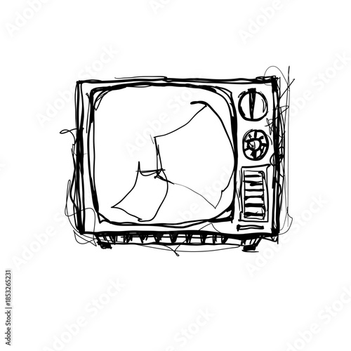 Old television set with broken screen and tangled wires in a simple sketch style