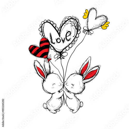 Cute Kissing Rabbits with Heart Balloons Sketch Vector