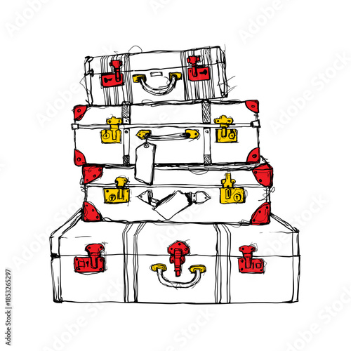 Hand Drawn Stack of Vintage Travel Suitcases