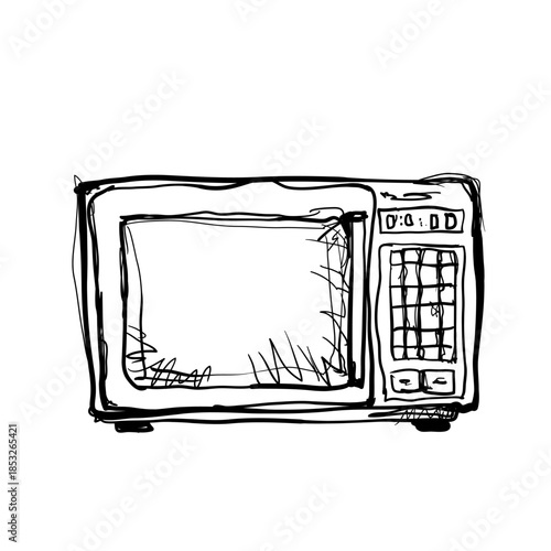 Drawing of a microwave oven with a simple design on a white background showing the front view