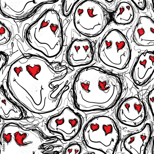 Faces with hearts in a playful pattern on a white background made with simple lines and drawings