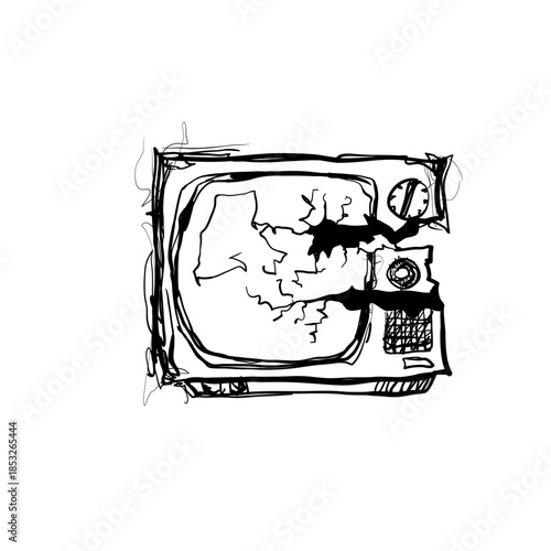 Broken television screen with cracks and scratches on display shows signs of damage and neglect