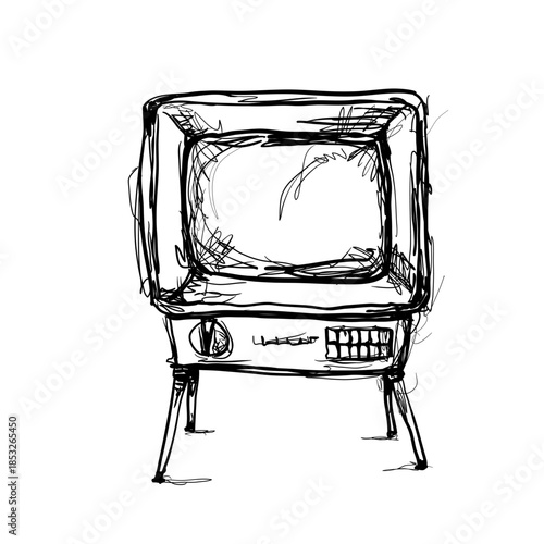 Vintage TV set sketch in black and white style from a simple perspective showing its design elements and classic features