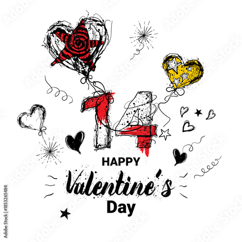 Celebration of Valentine's Day with balloons, hearts, and festive designs on February 14