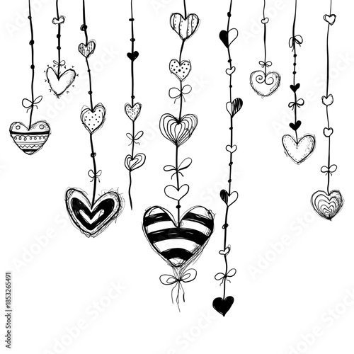 Decorative hearts hanging from strings in a simple pattern on a white background