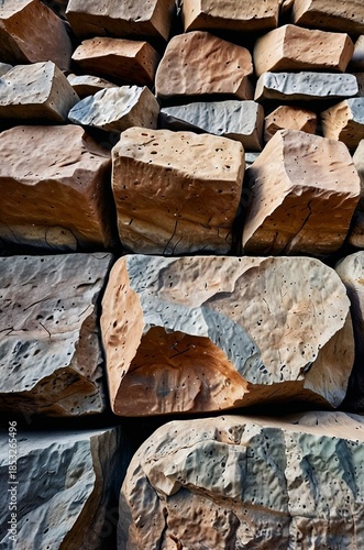 Close-up view of stacked natural stones with textured surfaces and earthy tones