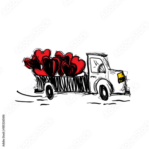 Truck carries large red hearts on a journey through a simple landscape during daytime