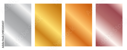 Set of four vertical metallic gradient swatches featuring silver, yellow gold, copper or bronze, and rose gold finishes