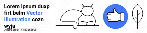 Pet care, sustainable living, digital approval, eco-consciousness, modern minimalism, environmental awareness. Line art cat, thumbs-up and leaf symbols with blue accent. Pet care and digital
